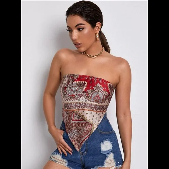SHEIN Paisley Print Bandana Tube Top SMALL 4 SATIN SCARF RED STRAPLESS FESTIVAL - Picture 2 of 6